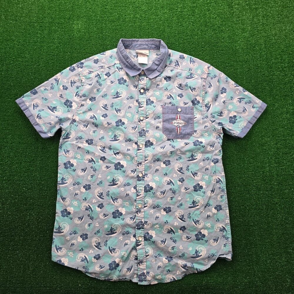 Disney Parks Shirt Mens Medium Mickeys Longboard Surf Team Pearl Snap Hawaiian